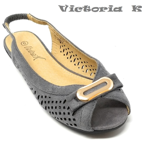 Victoria K Shoes - Slingback Open Toe Ballet Flats, B-2621, Grey